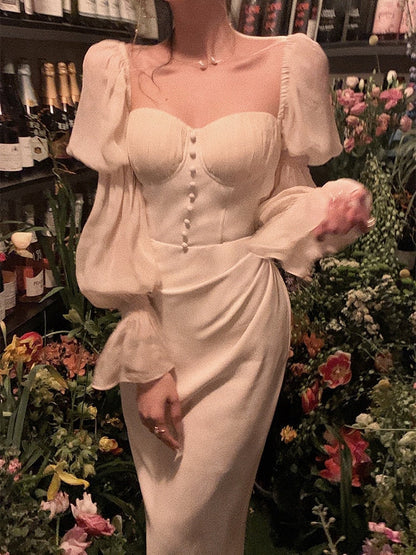 jinran Vintage Women Fashion Elegant Puff Sleeve Midi Corset Maxi Dresses Evening Prom Female Party Lady Clothes Vestdios Summer