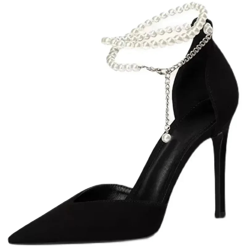 jinran Black High Heels 2024 New Pumps Stiletto Pointed Toe Pearl Anklets High-end Shoes Fashionable Comfortable Women's Shoes