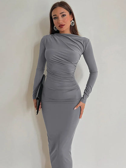 jinran Elegant Long Sleeve Sexy Maxi Dress For Women Autumn Winter New O Neck Ruched Bodycon Long Dress Fashion