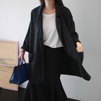 jinran Spring Autumn New Korean Turn-down Collar Long Coats 2022 Casual Solid Color Loose All Match Pockets Women Jackets