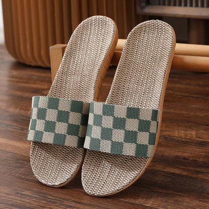 jinran New Checkerboard Linen Slippers Women 2022 Summer Indoor Home Shoes Household Non-slip Couple Four Seasons Men's Sandals Y