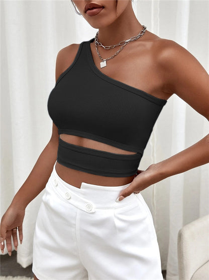jinran Sexy Solid Cut Out One Shoulder Rib Knit Crop Top Women Summer Club High Street Style Backless Tank Top Y2K Clothes 2023