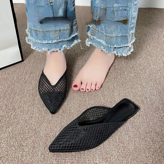 jinran Fashionable Pointed Toe Half Slippers Women 2024 Summer New Women's Mesh Hollow Slippers Plus Size Outdoor Leisure Mules Shoes