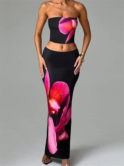 jinran Sexy Women 2 Pieces Outfits Floral Print Tube Tops and Elastic Waist Bodycon Long Skirts Sets Summer Streetwear 2024