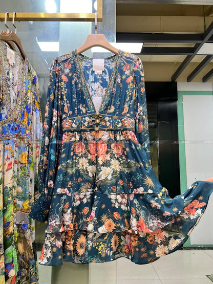jinran Women V Neck Crystal Beaded Lantern Long Sleeve Blue Print Butterfly Embroidery Multi-layer Mini Silk Dress