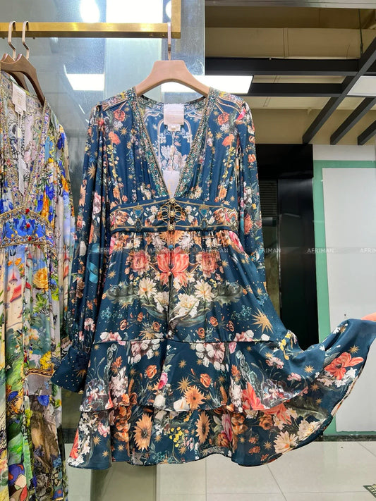 jinran Women V Neck Crystal Beaded Lantern Long Sleeve Blue Print Butterfly Embroidery Multi-layer Mini Silk Dress