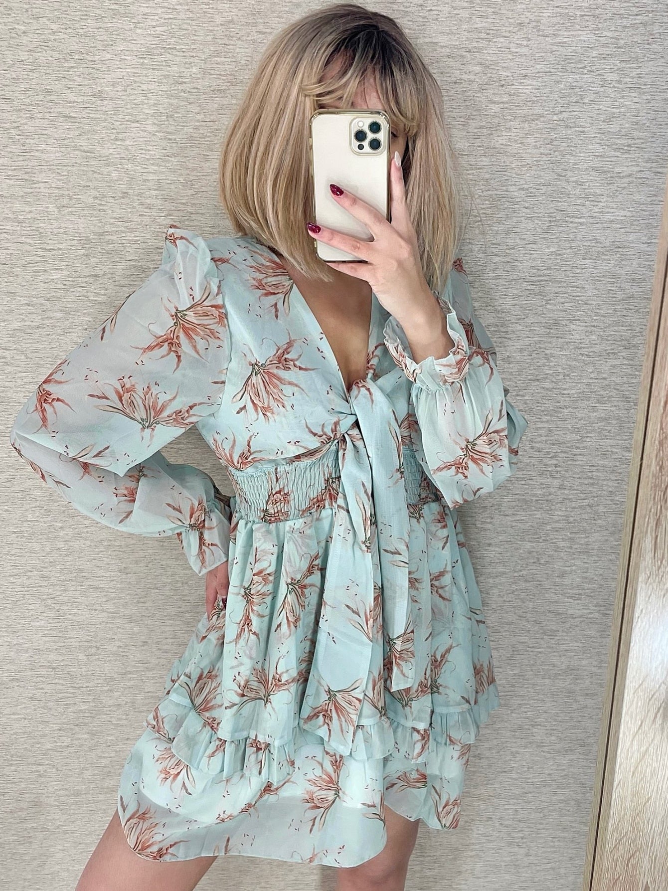 jinran Seawefit 2024 Print Chiffon Dress Ruffle Long Sleeves Mini Dresses Women Belt String Outfits Female Shirring Elegant Floral Robe