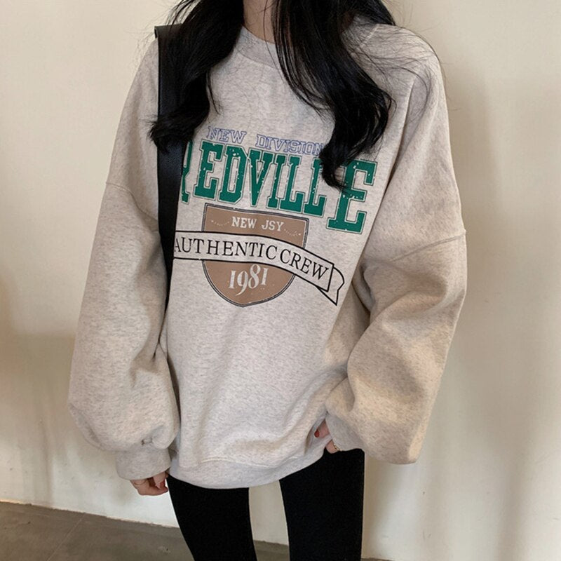 jinran Harajuku New Grey Crew Fashion Baggy Sweatshirt Women Spring Autumn Vintage Letter Printing  Lazy Wind Long Sleeves Pullover Top