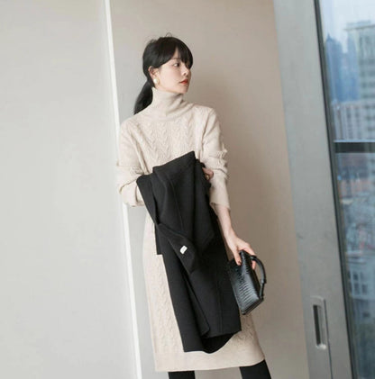 jinran Women Clothing Fashion Turtleneck Knitted Dress 2022 Autumn Winter New Lace-up Waist Sweater Skirt Korean Clothes Women Dresses