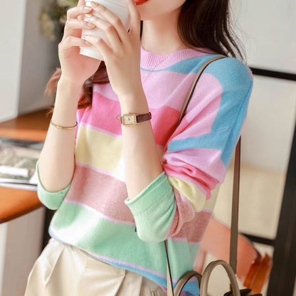 jinran Spring Summer Thin Rainbow Women's Clothing Spliced O-Neck Loose Pullovers Slight Strech All-match Casual Sweaters Warm Color