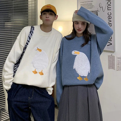 Harajuku Oversized Knitwear Sweater Men Cartoon Duck Goose Embroidery Jumpers Japanese Fashion O-Neck Streetwear Couple Unisex