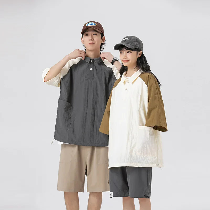 Couple Japanese Shirt Harajuku Oversized Short Sleeve Shirt for Men Women Hawaiian Contrast Stitching Polo Geometric Streetwear