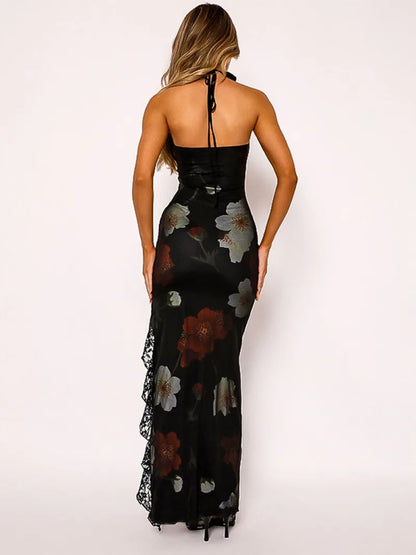 jinran 2024 Hot Sexy Strapless Floral Printed Lace Patchwork Long Dress Streetwear Womens High Waist Slit Slim Holiday Party Dresses