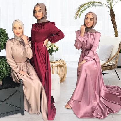 jinran Summer Elegant Solid Color Colorful Temperament Long Skirt Ladies Open Shouder Robe Satin Large Size Belt Muslim Woman Abaya