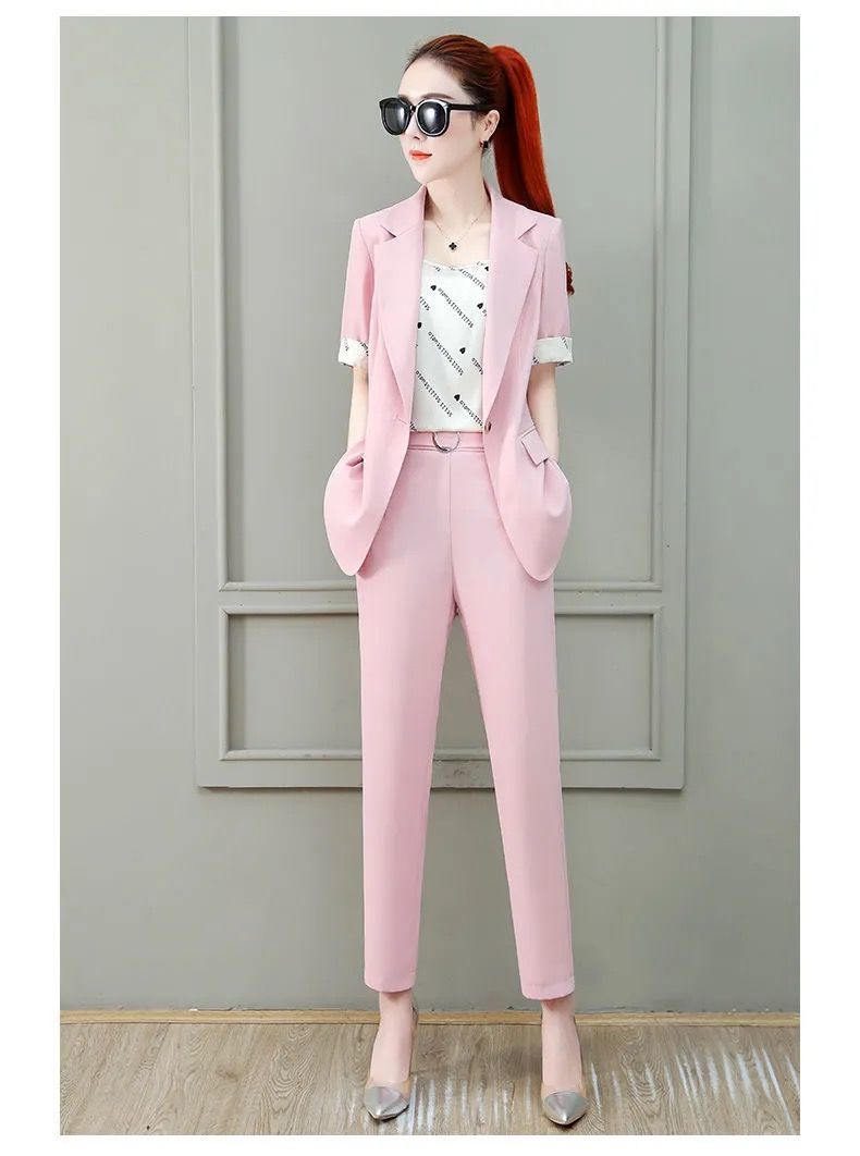 jinran 2022 Summer New French Elegant Women's Pants Suit Slim Jacket Office Blazer Casual Trousers Two-piece Set Female Tracksuit Set