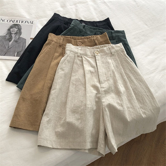 jinran Breathable Cotton Linen Shorts Japanese Retro High Waist Wide Leg Bermuda Shorts Suit Casual Summer Woman Loose J200