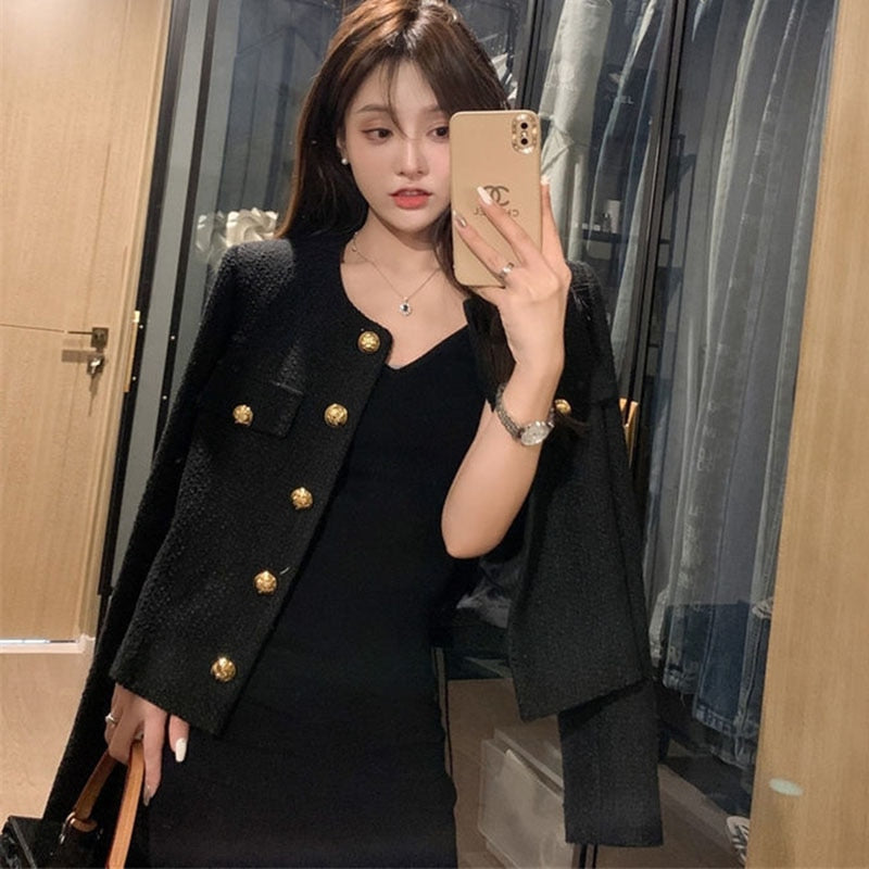 jinran Elegant Tweed Jacket Women New Spring Autumn Vintage O-Neck Single Breasted Cropped Jacket Korean Long Sleeve Short Coat Top