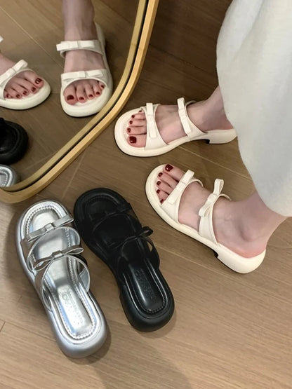 jinran Pure Color Bow Design 2024 New Slippers Casual Female Shoes Slides Luxury Flat Summer Soft Rome Fashion Rubber Concise PU Shoes