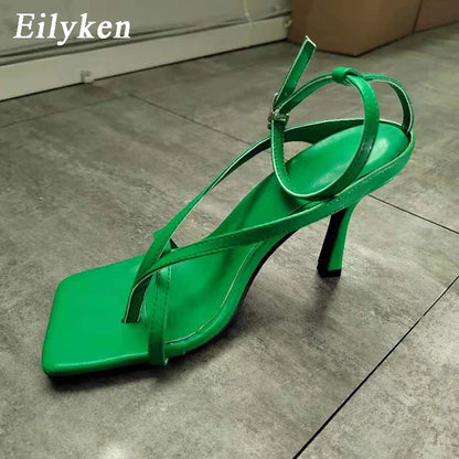jinran New Fashion Pinch Narrow Band Women Sandals 2024 Summer Square Open Toe Ankle Buckle Strap High Heels Ladies Shoes