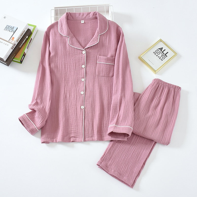 jinran New Spring And Autumn Pure Cotton Crepe Cloth Couple Soft Men Long-Sleeve Simple Home Service Women Two Piece Set