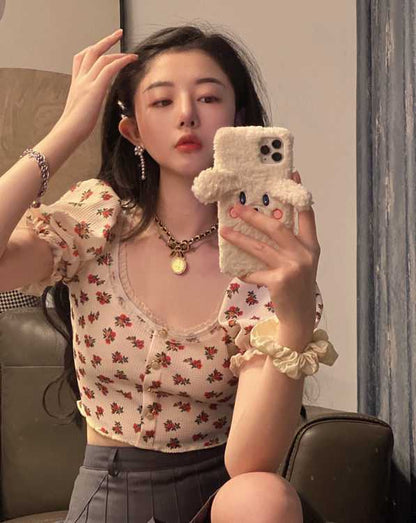 jinran Elegant French Style Summer Women Puff Sleeve Floral T shirts Casual Lace Patchwork Slim Cropped Tops Streetwear Harajuku Tee