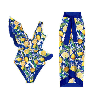 jinran 2024 One Piece Swimsuit Women Swimwear with Beach Skirt V Neck Bathing Suit Flower Beachwear Monokini Swim Summer