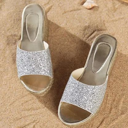 jinran Gold Silver Sequins Wedges Slippers for Women 2023 Summer Open Toe Platform Sandals Woman High Heels Slides Ladies 40