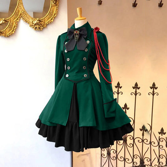 nvxiot  -  Women's Vintage Gothic Green Bowknot Lace Up Lolita Dress Retro Style Solid Color Trumpet Sleeve Princess Dress Party Wear