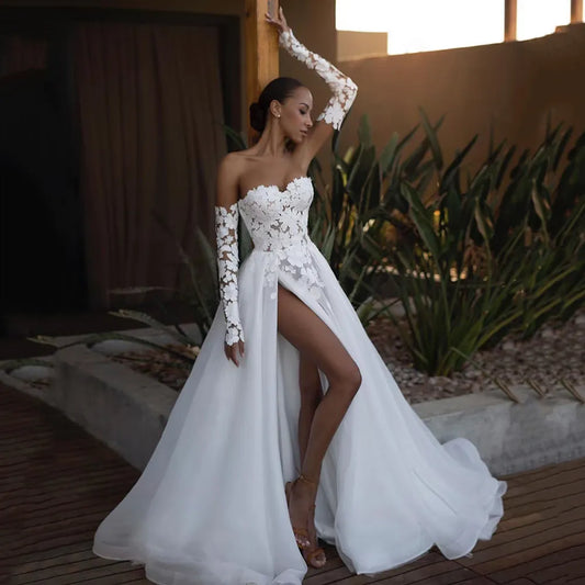 jinran White Sexy African Wedding Dresses Beach Long Sleeve Lace Bride Dress Split Side Organza Wedding Gowns Sweep Train Boda