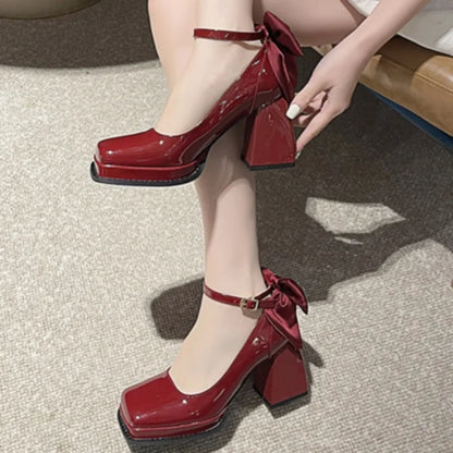 jinran 2024 Spring Casual Party Mujer Zapatos Versatile Solid Color Patent Leather Mary Jane Shoes Fashion Bow Brand Design High Heels