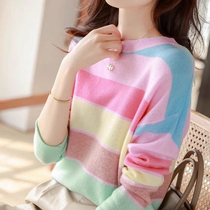 jinran Spring Summer Thin Rainbow Women's Clothing Spliced O-Neck Loose Pullovers Slight Strech All-match Casual Sweaters Warm Color