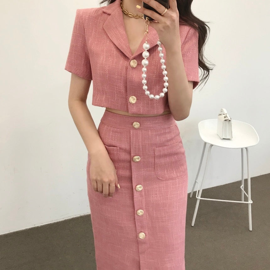 jinran Fashion Korea Elegant Lapel Thin Tweed Small Suit Short Jacket + High Waist Chic Button Slim Womens Two Piece Skirt Sets Summer