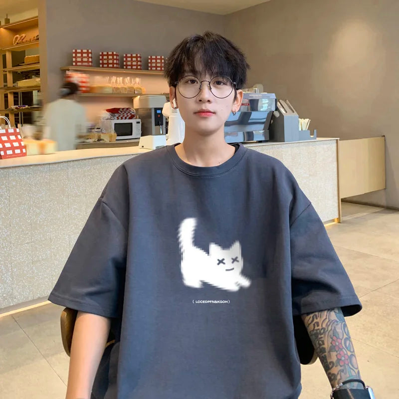 jinran Men's Oversized T-shirts Cotton T Shirt White for Men Casual Summer Wear Cat Anime Print Fashion Tee Shirts Men Clothing