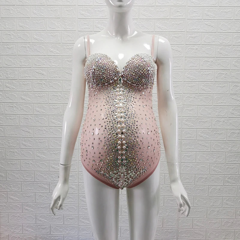 nvxiot  -  Sexy Luxury Pregnant Photography Bodysuit Heavy Industry Embroidery Water Diamond Pearl Maternity Clothing See-through Blouses