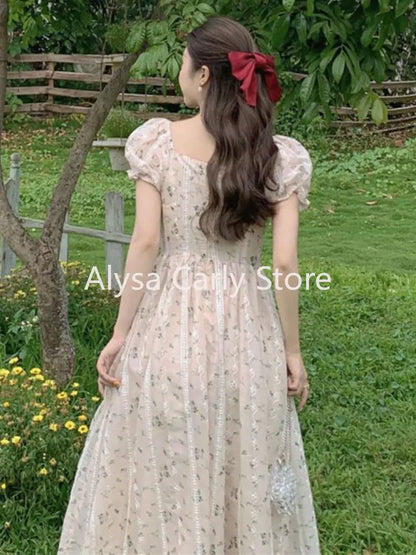 jinran Vintage Puff Sleeve Fairy Midi Dress Women Sweet Elegant Korean Style Floral Dress Female 2023 Summer Casual Party Dresses Chic