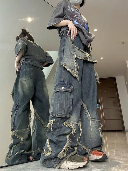 jinran Y2K Cargo Jeans Pants Women Street Loose Oversize Panelled Pentacle Raw Hem Pant 2024 Vintage Blue Hip Hop Female Denim Trousers