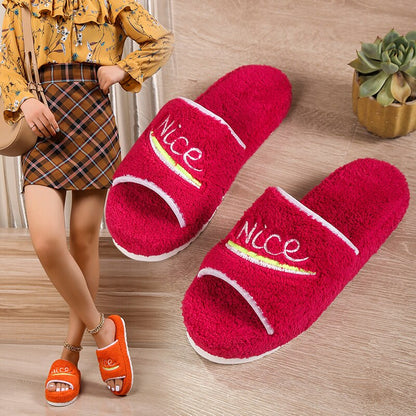 jinran 2022 Women New Luxury Brand One-word Thick-soled Warm Furry Women's Shoes Embossed Cotton Drag Outdoor All-match Casual Slippers