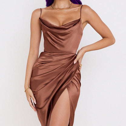 jinran Swing Collar Sexy Split Satin Dress Summer Fashion Sling Temperament Folds High Waist Solid Pullover Elegant Women Dresses