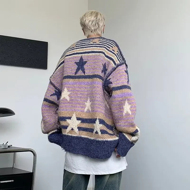 Y2K Star Sweater Men Harajuku Striped Knitted Pullovers Jumpers Male Tops Oversize Purple Winter Streetwear Hip Hop