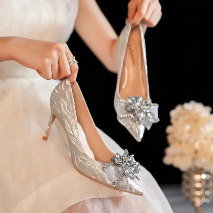 jinran New Wedding Shoes with Thin Heels and Pointed Western Crystal Bridal Shoes Cinderella Bridesmaids High Heels