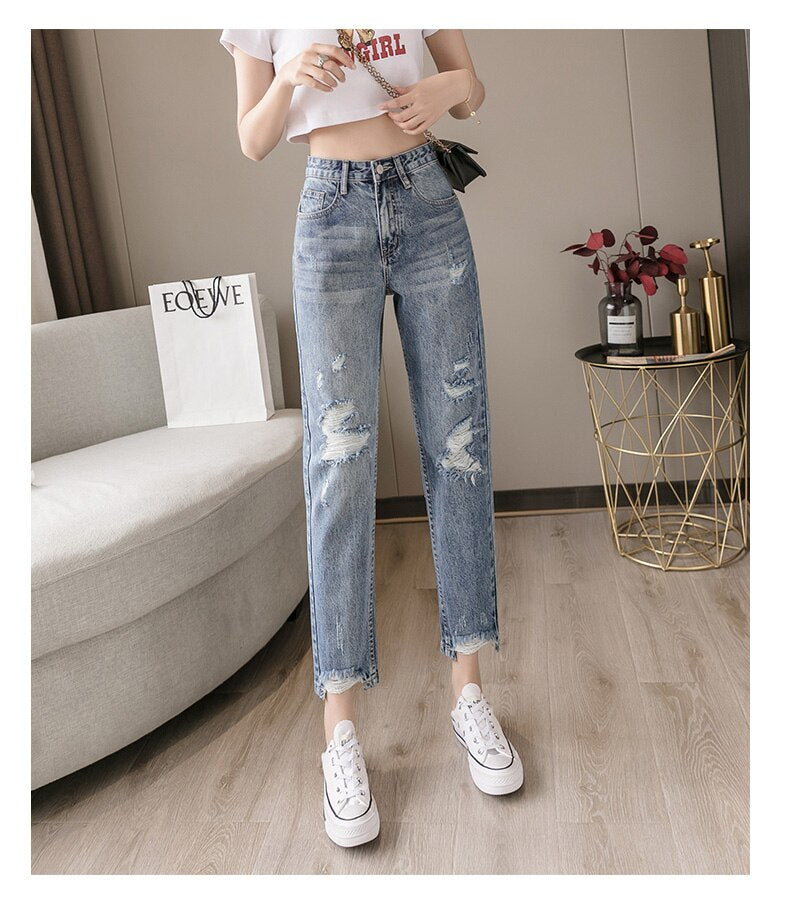 jinran 2022 New Lady Spring And Summer Light Blue Pierced Jeans Women'S Fashion Loose Dad Harlan Trousers High Waist Slim 9-Point Pants