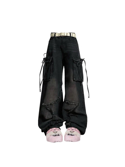 jinran Women Blue Cargo Jeans Baggy Vintage 90s Aesthetic High Waist Cowboy Pants Harajuku Denim Trousers Y2k Trashy 2000s Clothes 2024