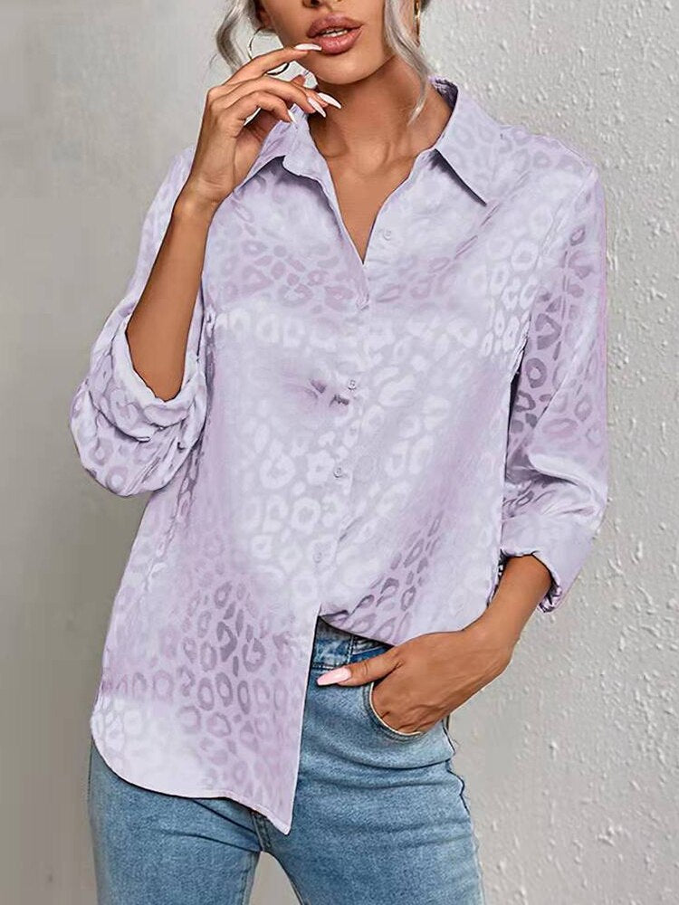 jinran Elegant Office Lady Leopard Print Lapel Blouse Casual Long Sleeve Jacquard Spring Summer Luxury Shirt Vintage Oversize Top Tunic