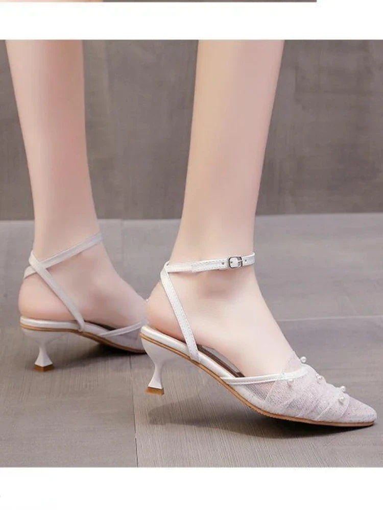 jinran Pure Desire Mesh Breathable Single Shoes Women Summer Head Retro Fine Heel Line Sandals Female Fairy Style Pointy Heels Shoes