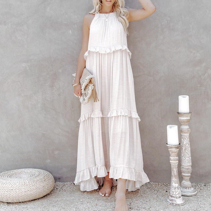 jinran Casual Solid Ruffle Long Dress Women Summer A-line Sleeveless Maxi Dresses Elegant Tie-Up Loose Beach Party Dress Vestidos Robe