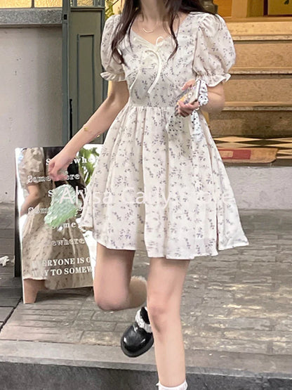 jinran Chiffon Sweet Floral Short Dresses Women 2024 Summer Japanese Elegant Party Dress Female Casual Long One-piece Dress Gown Kawaii