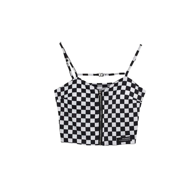 jinran Black White Plaid Crop Top Women Design Zipper Camisole Slim Sexy Tank Top French Chic Sports Bandeau Girl Summer 2022 New