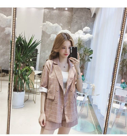 jinran Spring Summer Women Thin Casual Blazer Korean Fashion Graceful Plaid Suit Coat+Short Pants Two Pieces Set Workwear Female