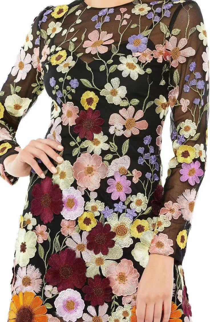 jinran Floral Women Mini Dress New in Elegant Embroidery Half High Collar Long Sleeve Dress Luxury Lady Evening Party Dresses