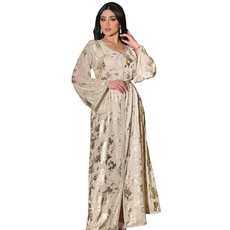 jinran Ramadan Eid Dubai Fashion Abayas Autumn Winter New Muslim Gilded Robe Femme V-Neck Printing Chiffon Evening Dress With Belt Plus